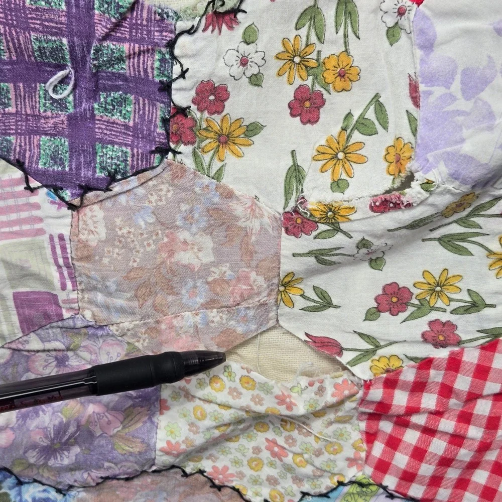 VTG‎ Handmade Hexagon Grandmother Flower Garden Patchwork Antique Quilt 72x70